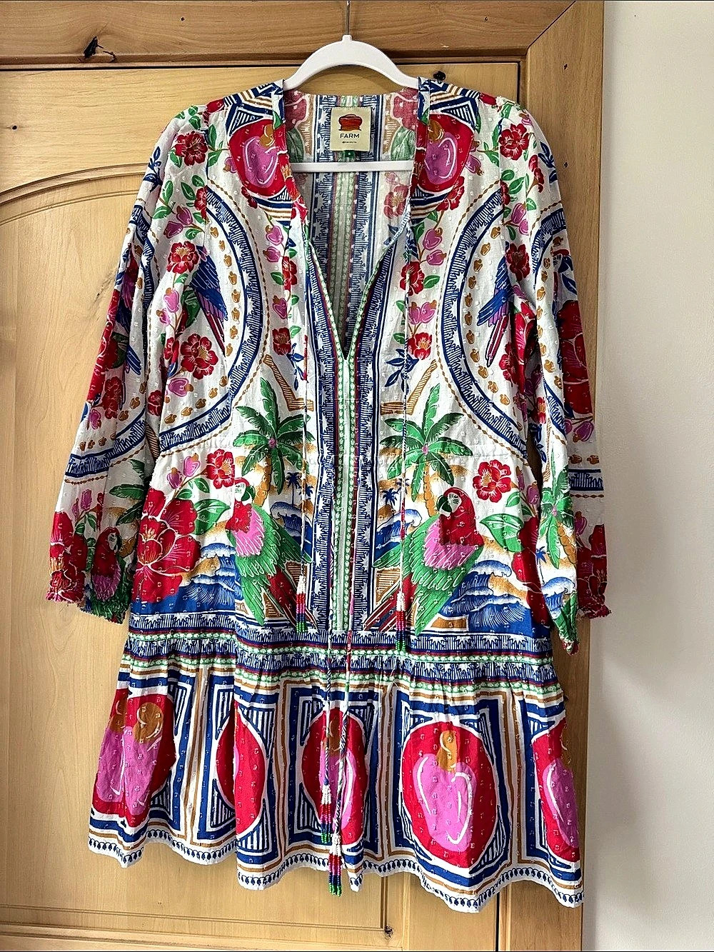 Farm Rio Palm Tree Beach Mini Dress Floral Multicolor & Red Small - Picture 3 of 6